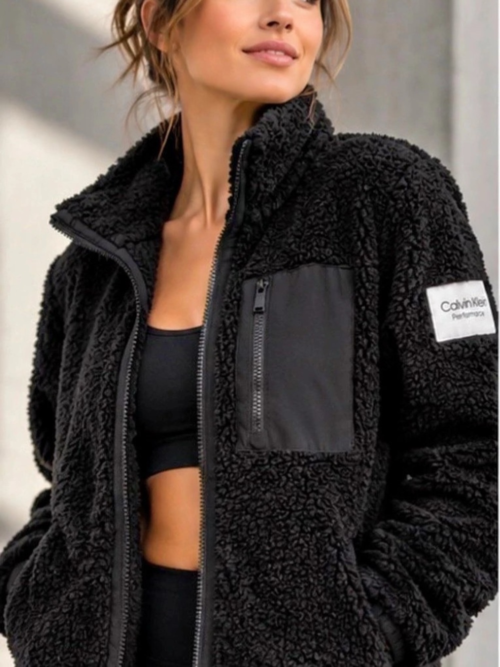 Calvin Klein Performance Sherpa Fleece Jacket | Full Zip in Black | Size M